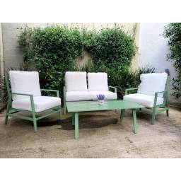 SET JARDIN RETRO  HIERRO CALMOHADONES  2+1+1+MESA VERDE AGU